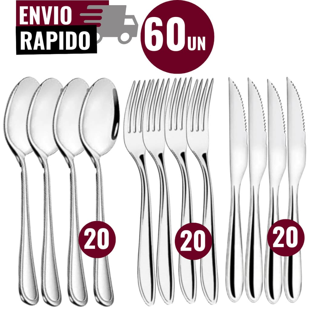 Kit 60 Peças de Talheres Aço Inox 20 Faca 20 Colher 20 Garfo de Mesa Casa Para Cozinha