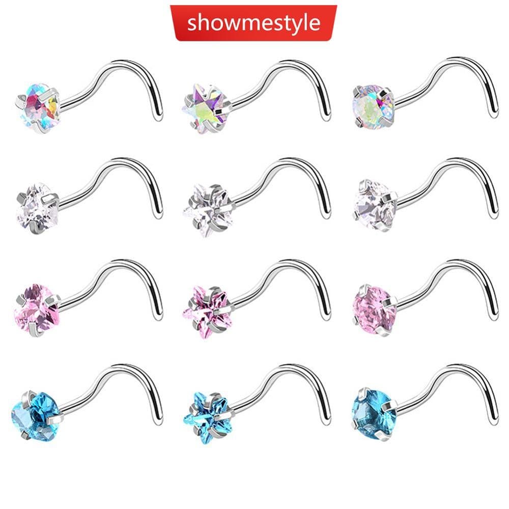 SMS 3 Pçs/Set Aço Inoxidável Zircão Nariz Parafuso Prisioneiro Estrela Ângulo Reto Titânio Conjunto Piercing Jóias Femin