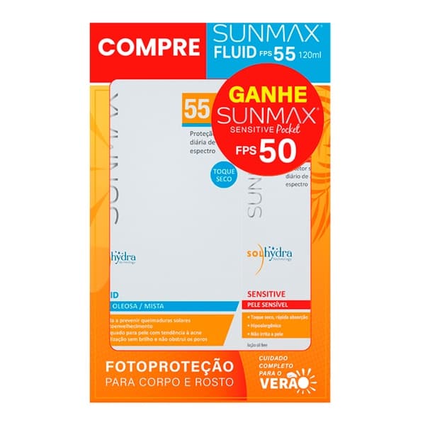 Kit Protetor Solar Sunmax Fluid FPS55 120ml Grátis Protetor Solar Facial Sunmax Sensitive Pocket FPS