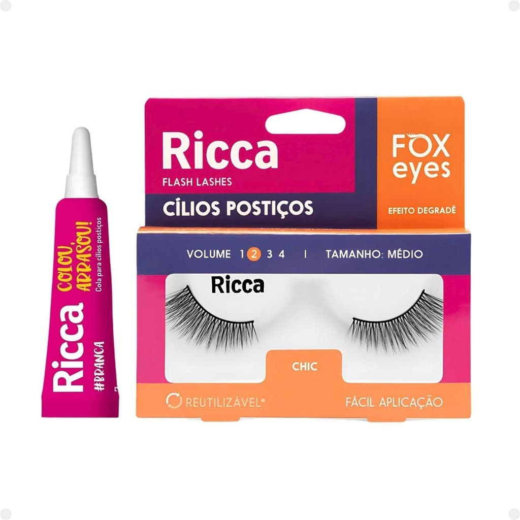 Cílios Postiços + Cola Branca Ricca Belliz Fox Eyes Chic Vol:2 Medio Cód.2692