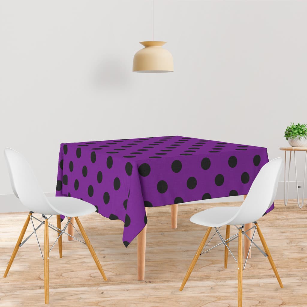 Toalha De Mesa Quadrada 4 Lugares Tecido Oxford Poá Roxo e Preto TL288 - 140x140cm