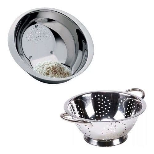 Kit Conjunto Escorredor De Massa e Macarrão 24cm com Alça + Lavador de Arroz Mini 24cm em Inox