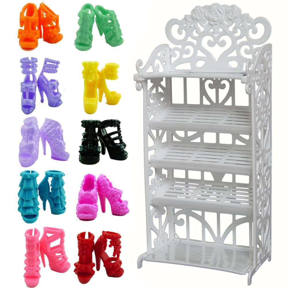 Kit Sapatos Sapatinhos para bonecas 10 / 20 / 30 / 40 / 50 Pares de Sapatinhos + Mini Sapateira Para Bonecas Brinquedo Tênis Bota Calçados Chinelo Sandália Pés Retos Salto Alto Compatíveis com Bonecas de até 30cm de Altura - Sheilinha Confecção