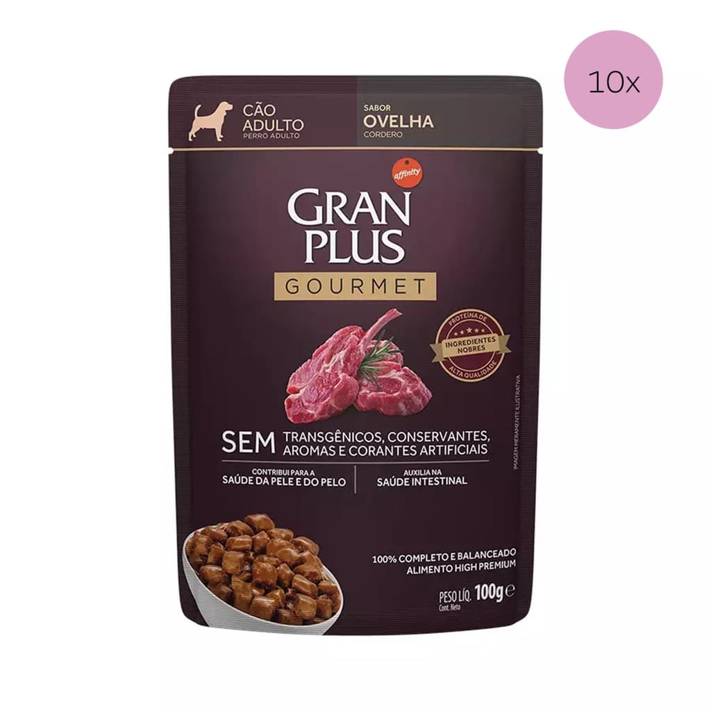KIT 10 Ração Úmida Gran Plus Gourmet Cães Adultos Ovelha Sachê 100g