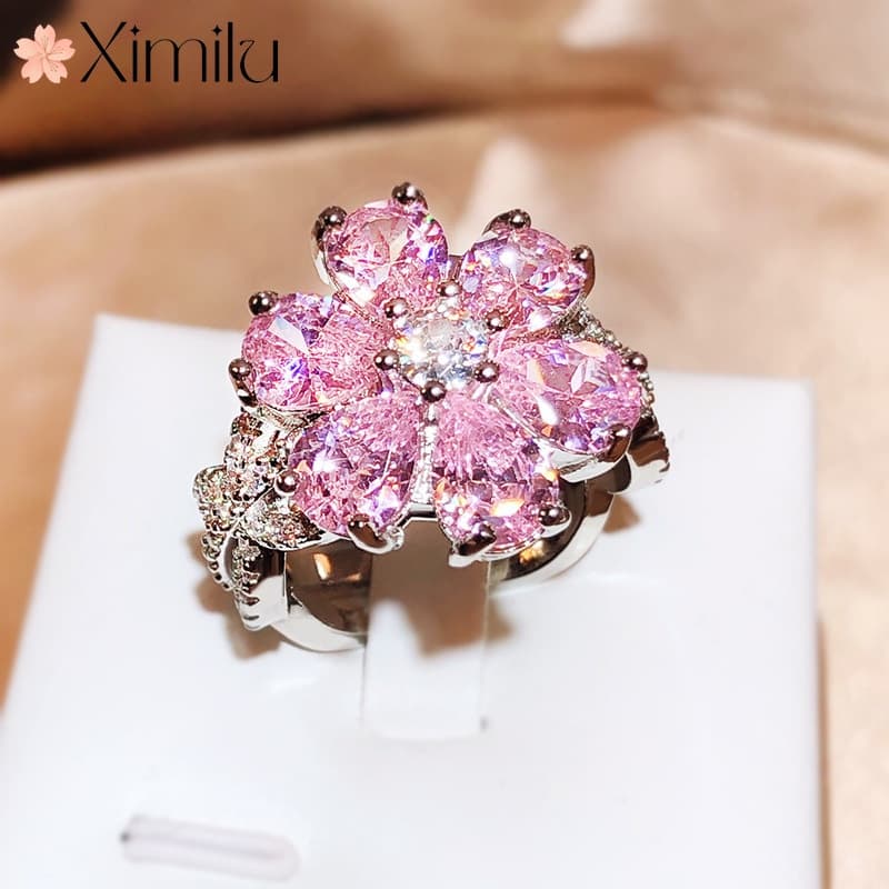 ♥ Original Luxo Venda a Quente Anel Coração de Cristal Rosa Anel Coração Feminino Romântico Doce Jóias