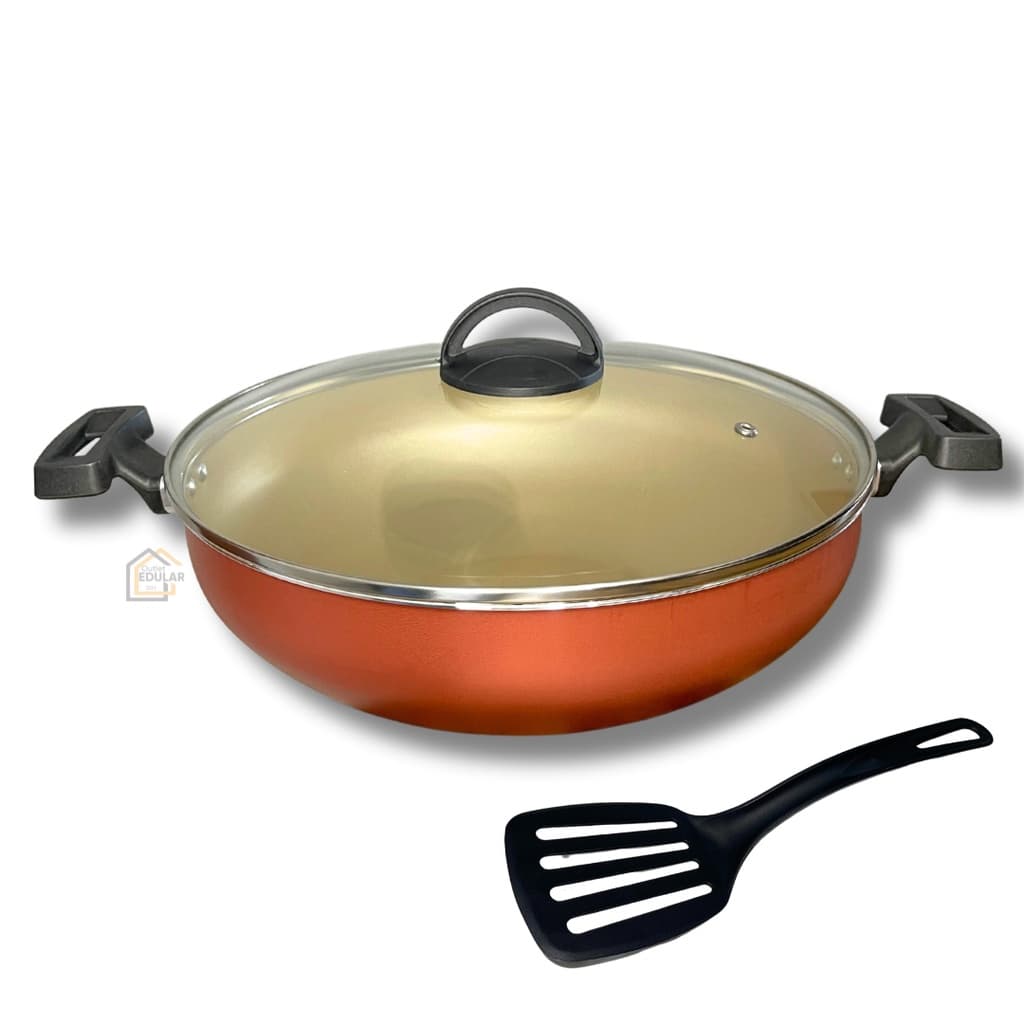Frigideira Paella Wok 30 cm Panela Paellera Antiaderente Tampa de Vidro Cor Cereja Gold