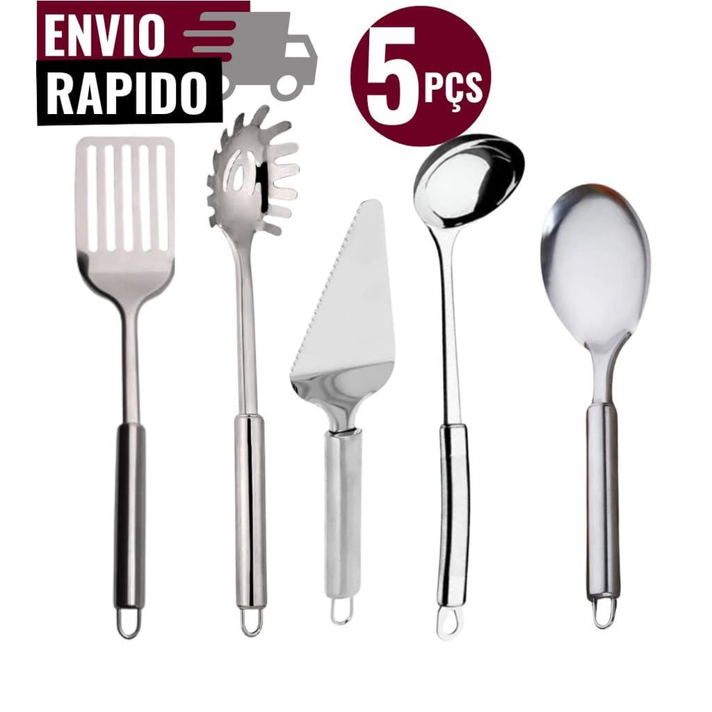Conjunto 5 Utensílios de Cozinha Aço Inox Espátula Vazada Espátula Bolo Pegador de Massas Concha Colher