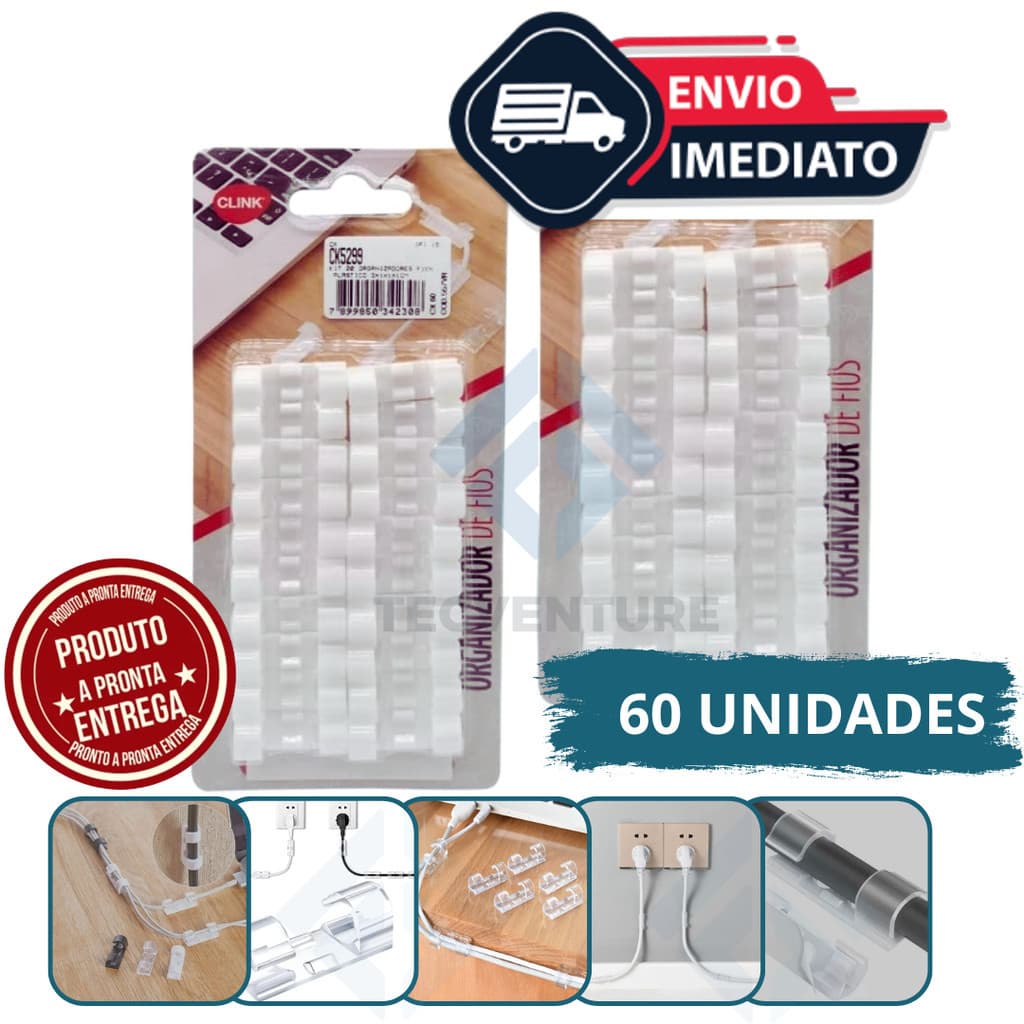 Kit com 60 Clips Fixadores para Organização de Fios e Cabos Fácil Instalação e Alta Fixação