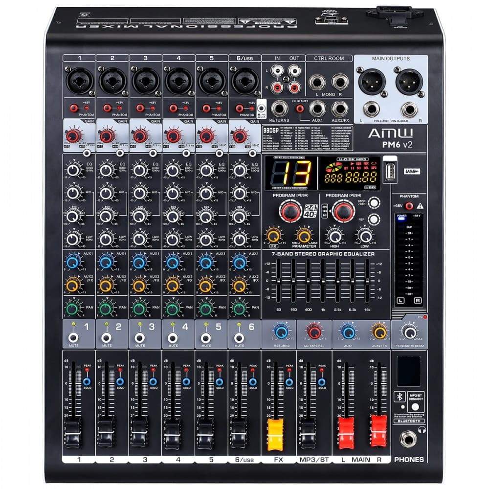 Amw Pm6 v2 Fx Mesa De Som 6 Canais 99 Efx DSP Interface USB Eq