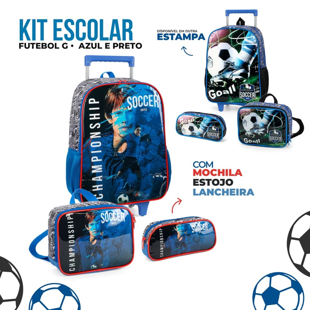 Kit Escolar Mochila de Rodinhas + Lancheira + Estojo Futebol Soccer Infantil