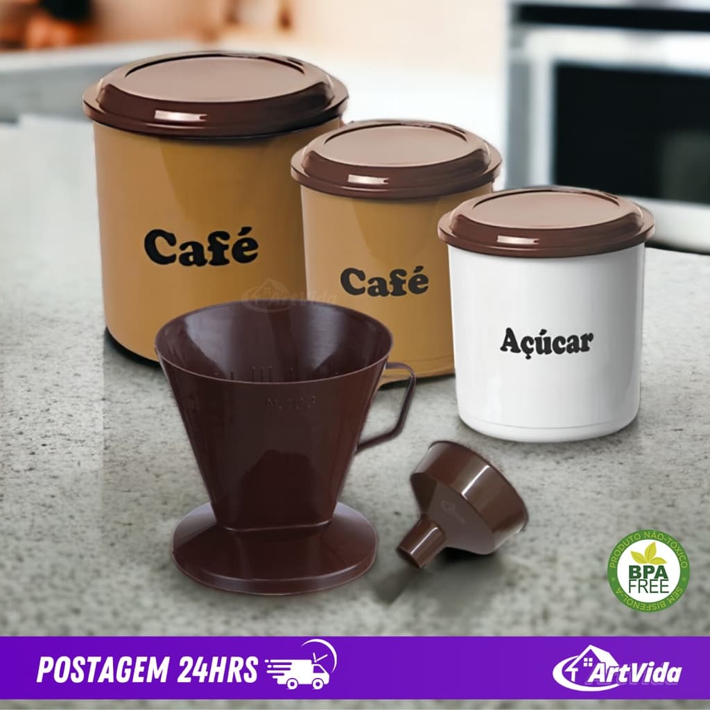 Kit Café Completo: Porta Filtro de Café 103, Adaptador 104 para Garrafa, Potes de Armazenamento Café e Açúcar 850ml/1300