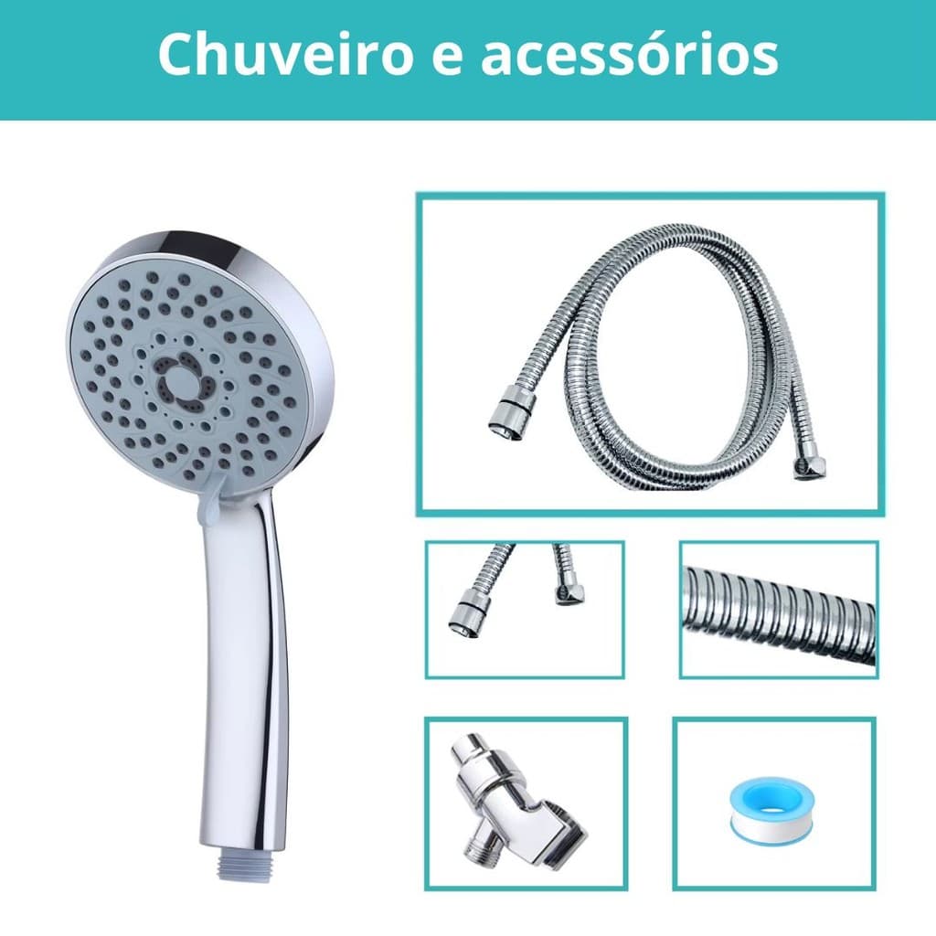 Chuveiro Portátil Alta Pressão Com Mangueira 1,4m Suporte Ducha Banheiro Econômico Fácil Instalação Cromado