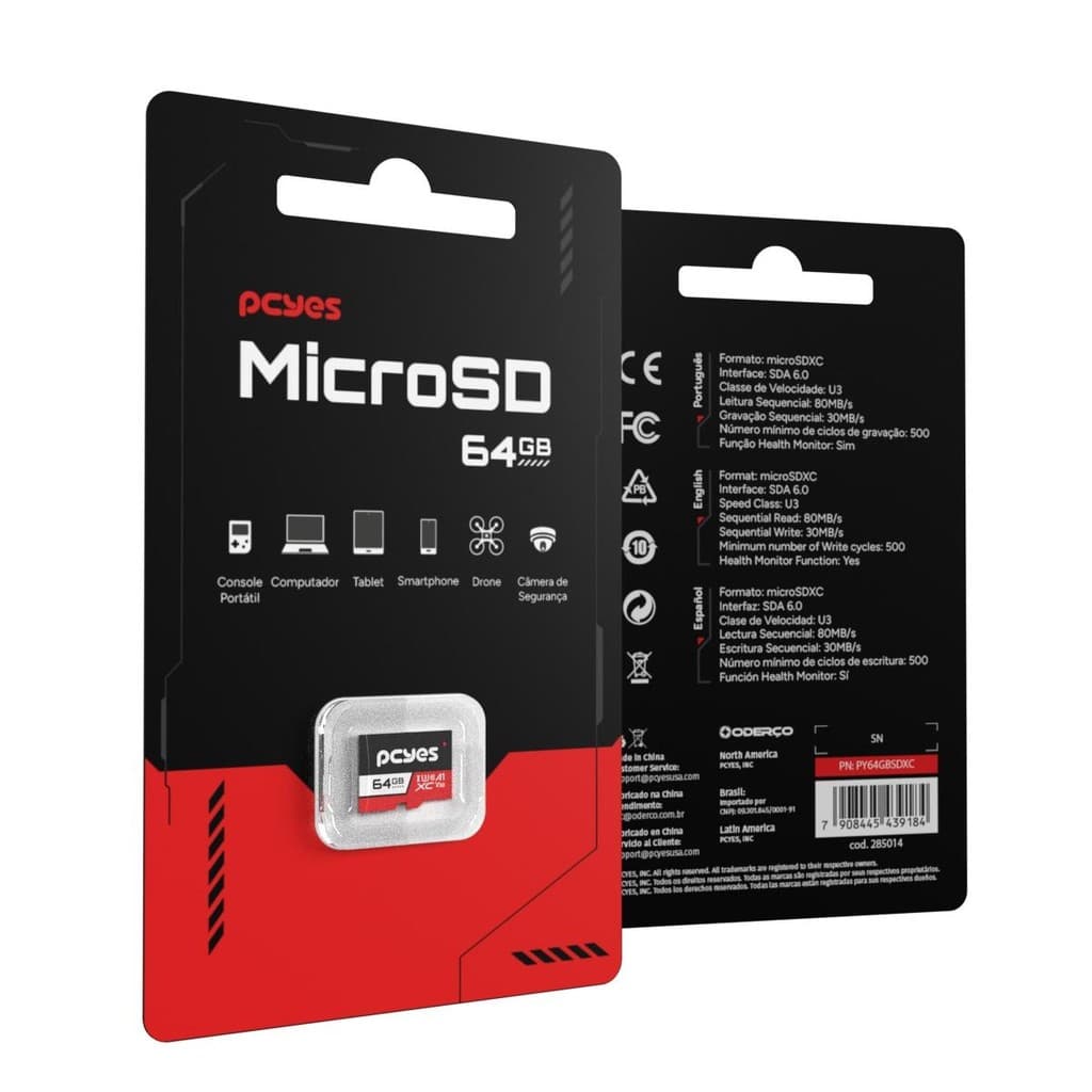 Cartão De Memória Pcyes Micro Sd 64Gb C10 U3 V30 Py64Gbsdxc