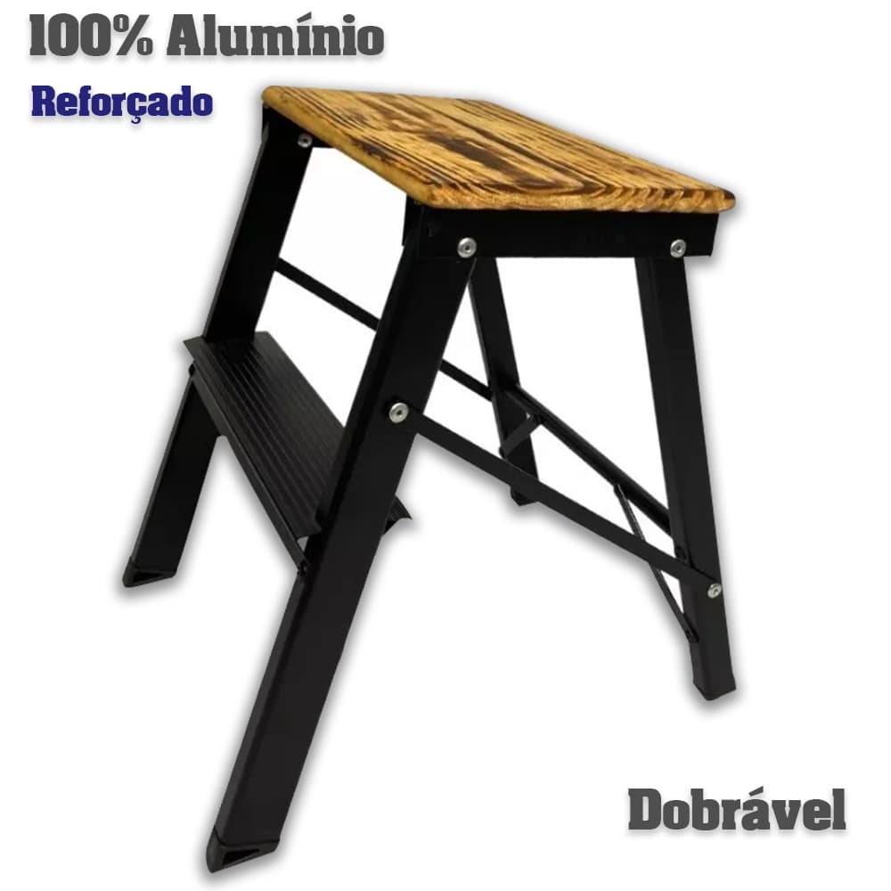 Banqueta Mini Escada Dobrável Porátil de Aluminio 2 Degraus Madeira Pinus Moderna Preta