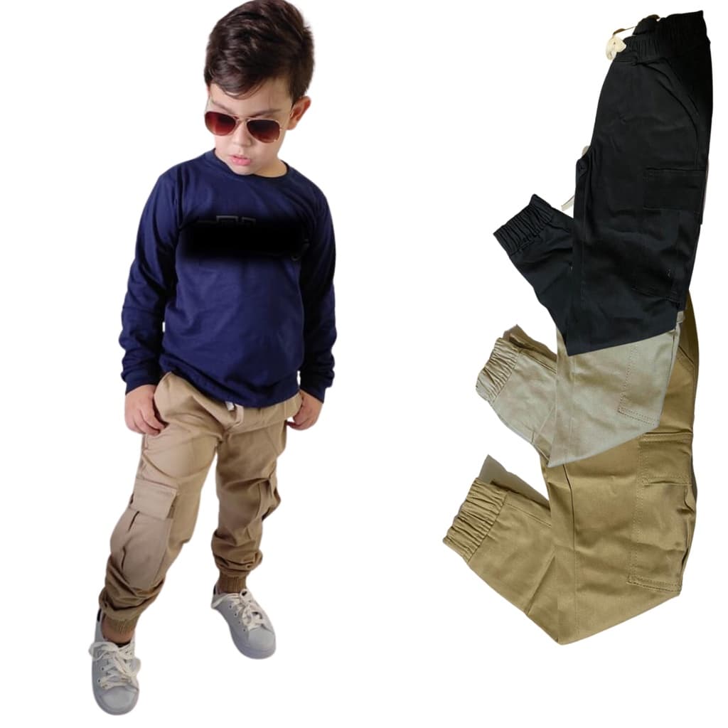 Calça jogger Cargo infantil Menino Sarja Jeans