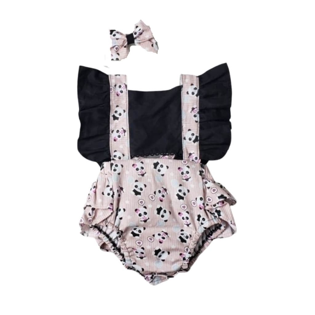 Romper Jardineira Pandinha com Laço Roupa bebê Mesversário Body