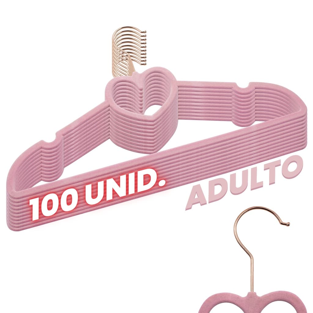 Kit 100 Cabides Veludo Rosa Gancho Rose Slim Formato Coração