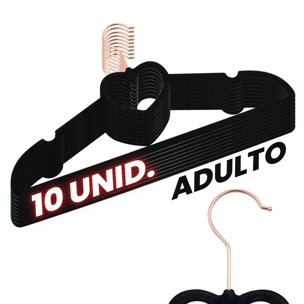 Kit 10 Cabides Veludo Preto Gancho Rose Slim Formato Coração