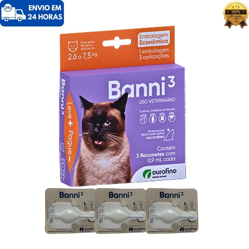 Combo 3 Pipetas Antipulgas Vermes Sarna Ourofino Banni 3 Gato Adulto 2,6 a 7,5kg 3 Meses Tratamento