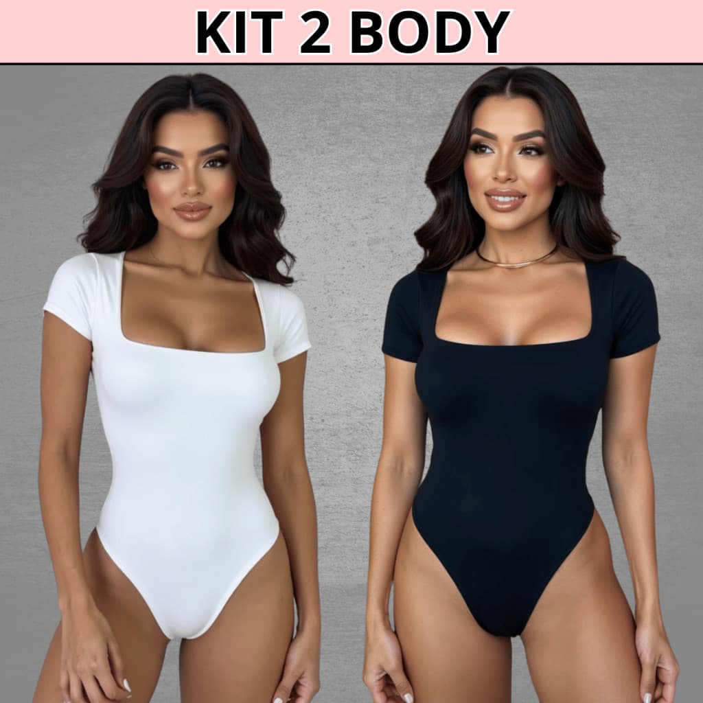 Kit 2 Body Feminino Suplex Manga Curta Decote Quadrado Manguinha Decotado Forrado Tecido Premium