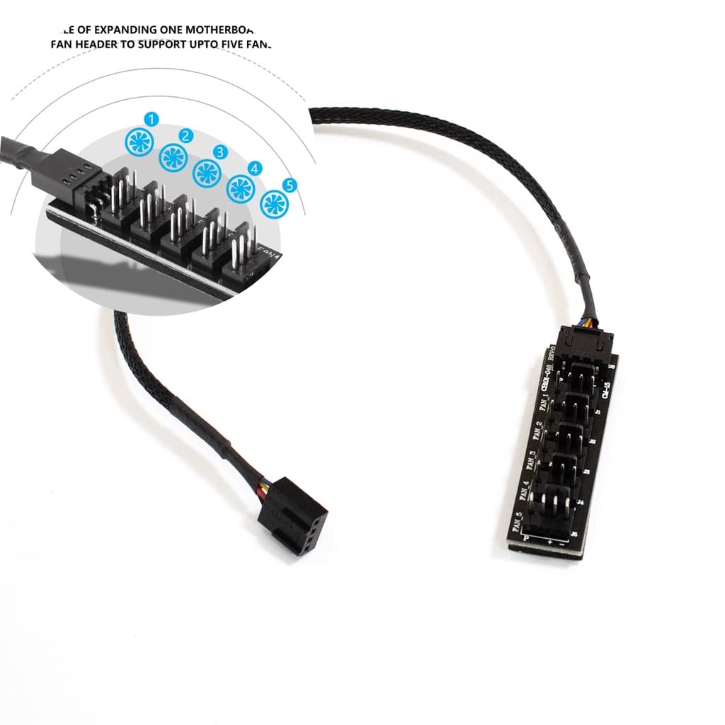 Cabo Hub Multi Fan Splitter PWM Placa 5 Vias Cpu Cooler e Fan 4 e 3 Pinos Cabo Trançado Preto 34cm