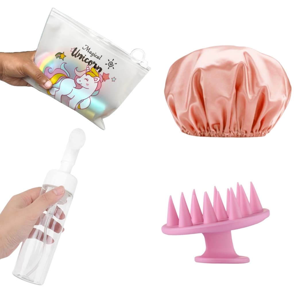 Kit Escova Massageadora Frasco Espumador Touca Cetim + Bolsinha Unicórnio