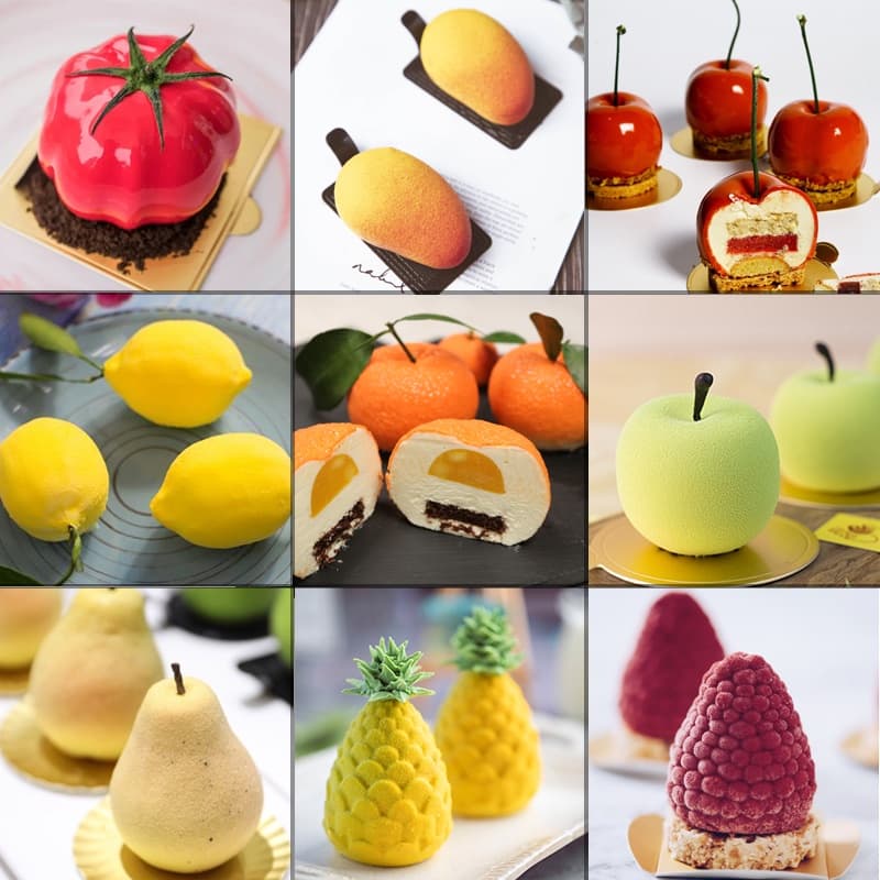 Molde de Mousse de Bolo de Silicone Molde de Cereja Manga Limão Laranja Maçã Sobremesa Forma Coração