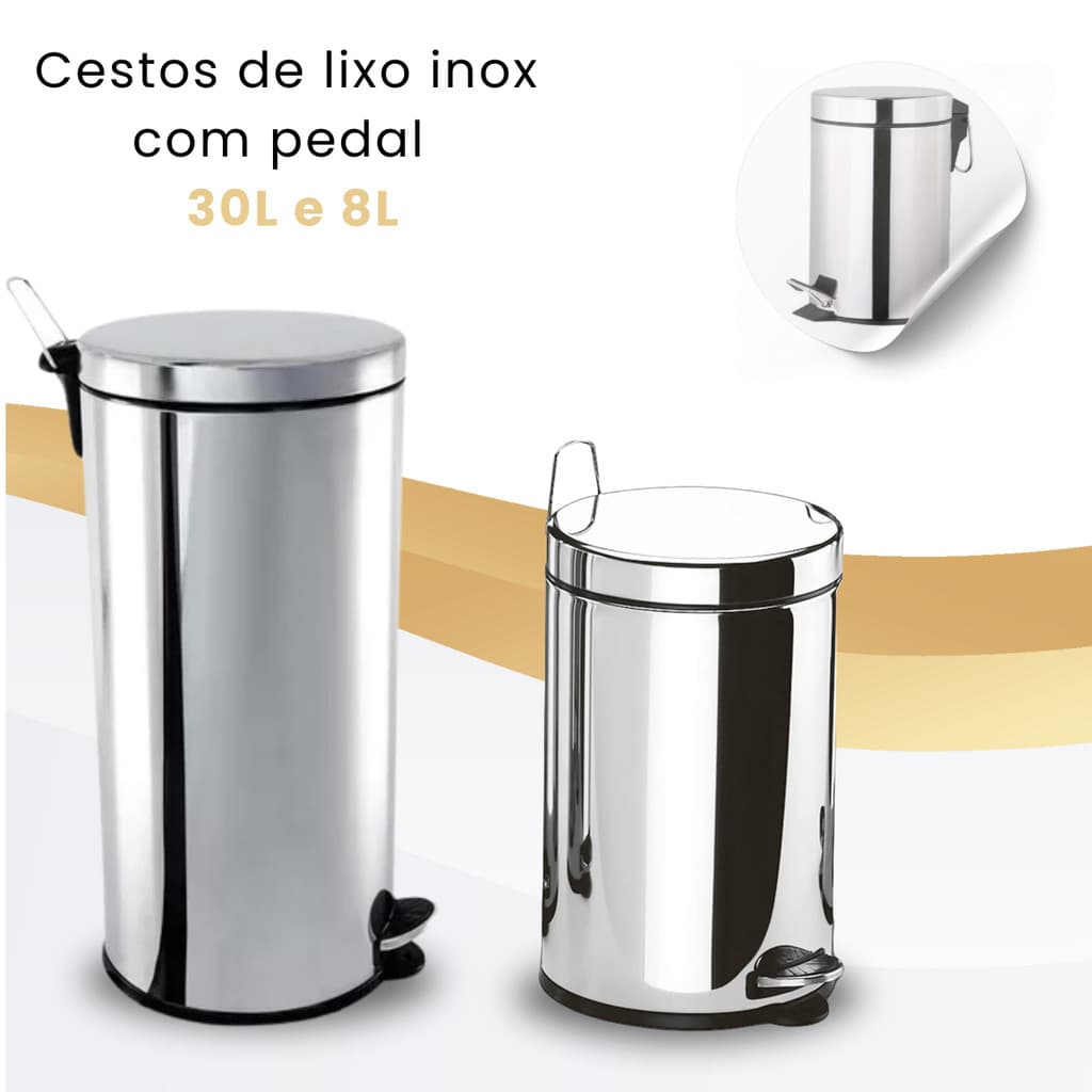 Lixeira Inox Aço 8 Litros e 30 Litros C/ Pedal Cesto Interno Removivel Banheiro Cozinha