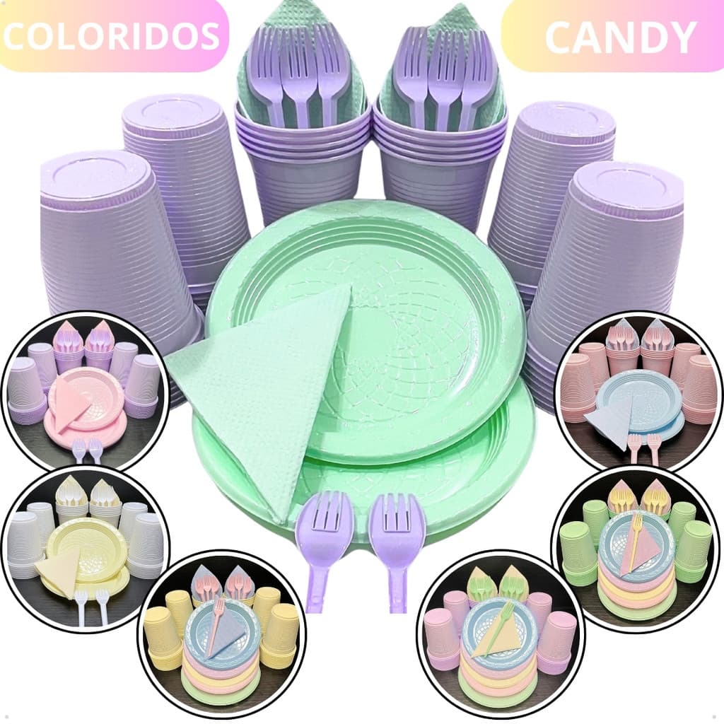 Kit Festa 200 Itens Completo Aniversário Candy Sortidos Coloridos Descartaveis Plástico Festinha Pratinho Bolo Copos