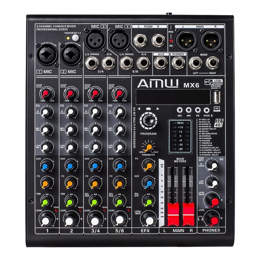 AMW MX6 v2 Mesa de Som 6 Canais 4 XLR EFX Interface USB
