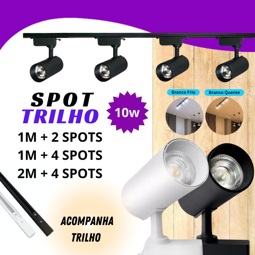 Kit Trilho Eletrificado SPOT LED 10W BRANCO OU PRETO COM TRILHO 1M e 2M COZINHA VITRINE LOJA SALA