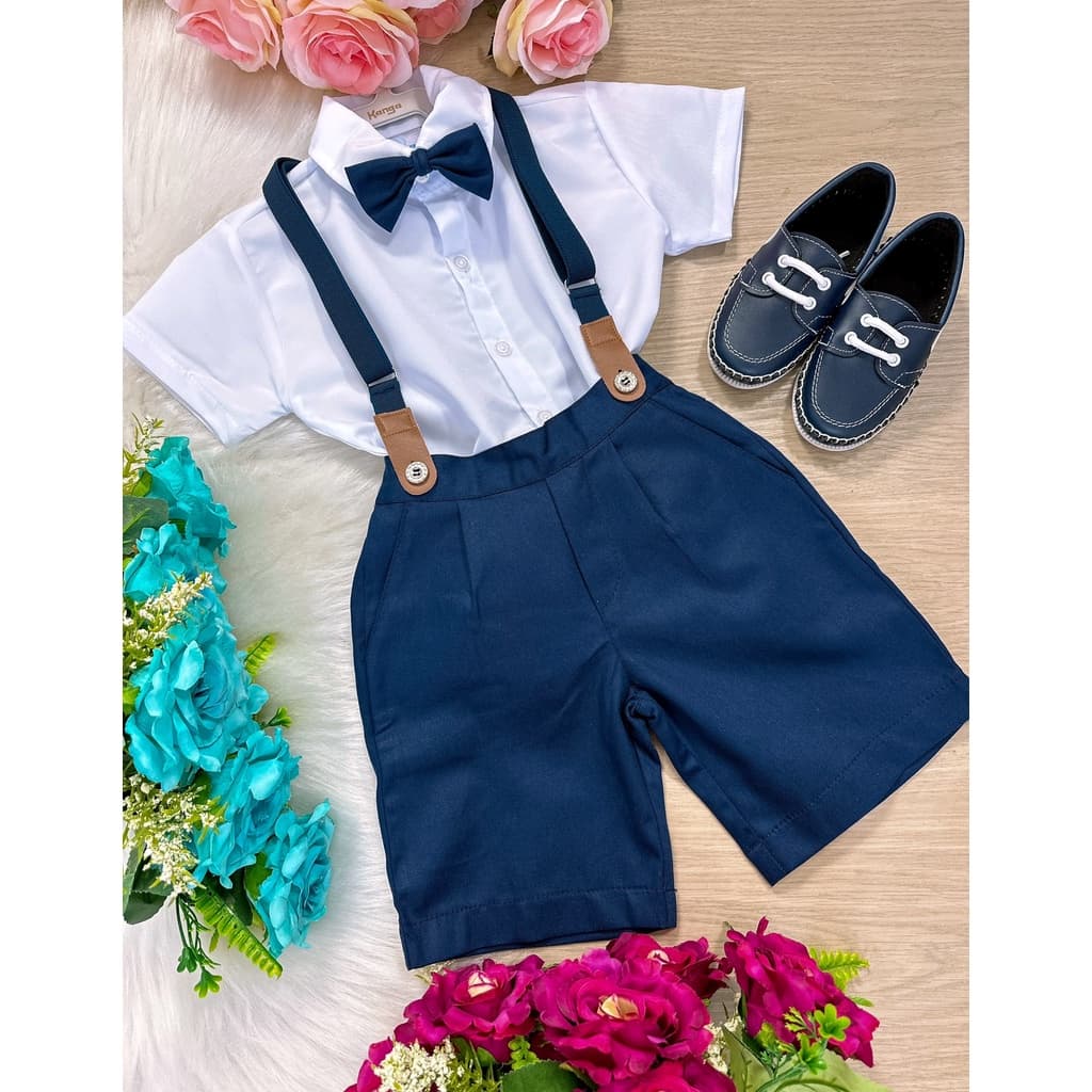 Conjunto Meninos Kanga Social Azul Marinho Suspensorio Shorts