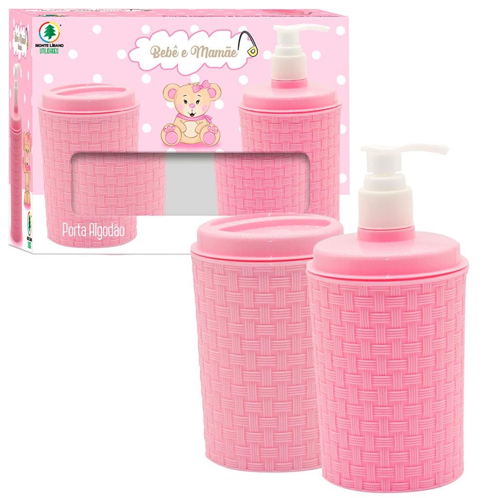 Conjunto Banheiro Porta Algodao E Porta Sabonete Liquido Plastico Com Tampa Mamae E Bebe  - Monte Libano