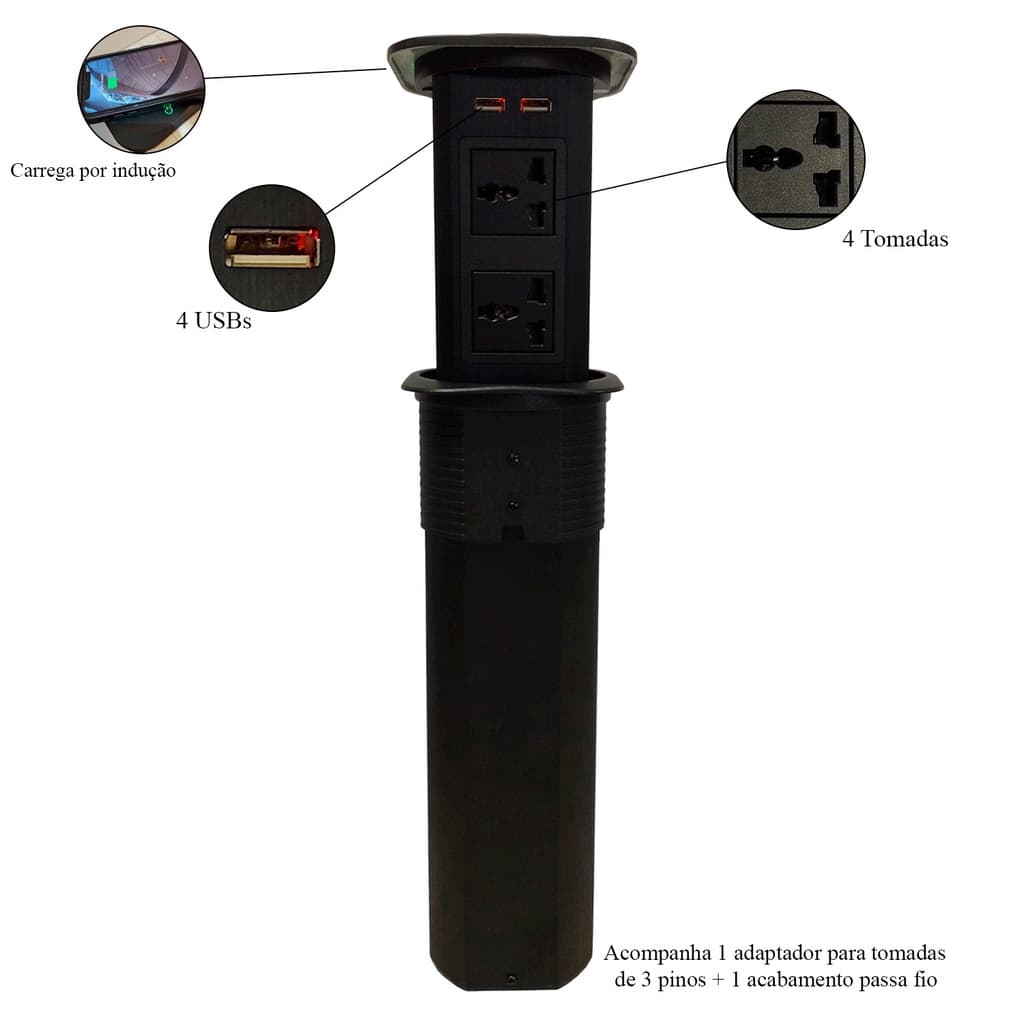 Torre de 4 Tomadas - 4 Usb - Carrega Por Indução