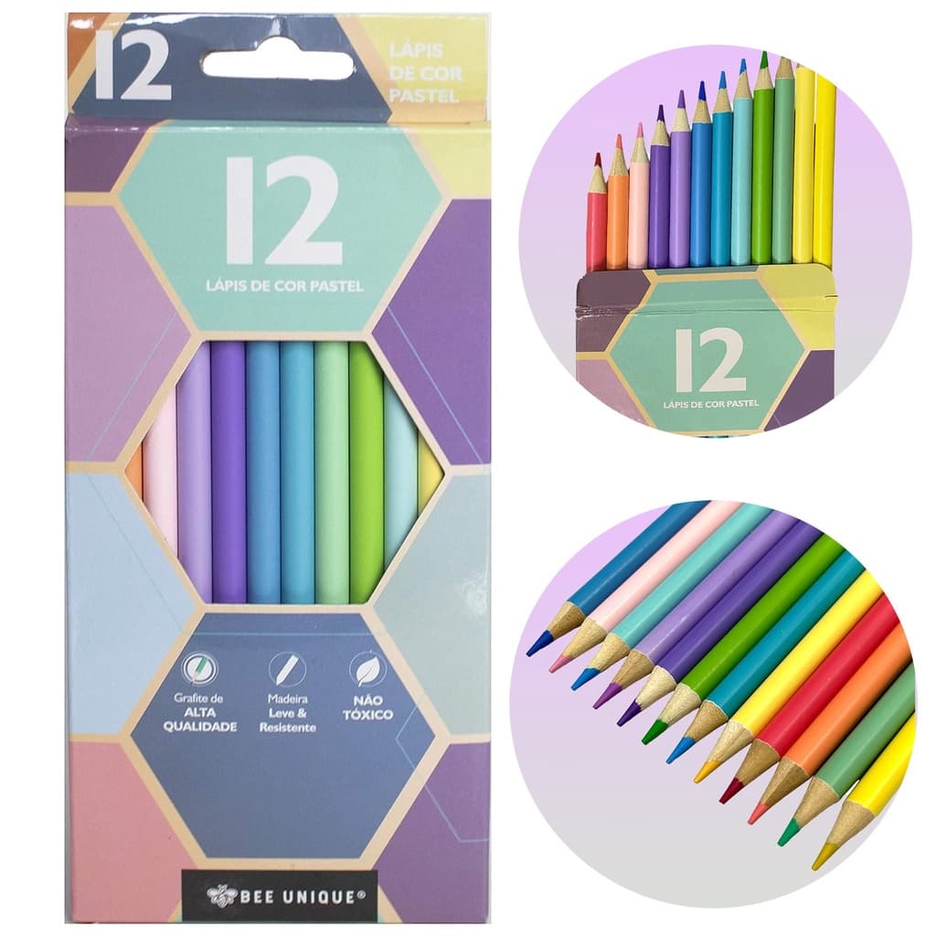 Lápis De Cor Tons Pastel 12 Cores da Linha Bee Unique Redondo Madeira Volta as Aulas Material Escolar