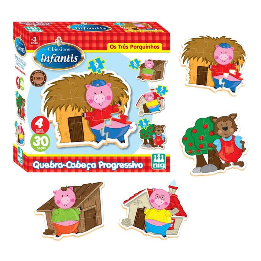 Brinquedo Quebra-Cabeça Infantil Educativo Os Três Porquinhos NIG Brinquedos 20 peças em Madeira Crianças 3 anos +