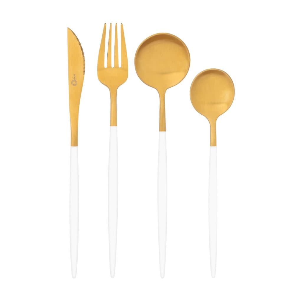 Faqueiro 16 Peças Milão Garbo Catarina Slim Oxford Porcelanas Dourado Cabo Branco Aço Inox Ouro Oxford Porcelanas