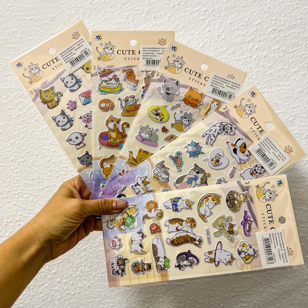 Cartela de Adesivos 3D Gatinhos - Adesivo fofo de gato Alto Relevo