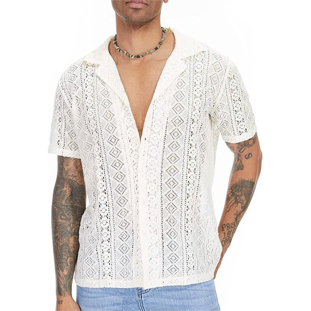 Rua Popular Men's Lace Camisa de Manga Curta Flor Botão Transparente Feriado Oco Perspectiva Casual Men's Shirt SD8V