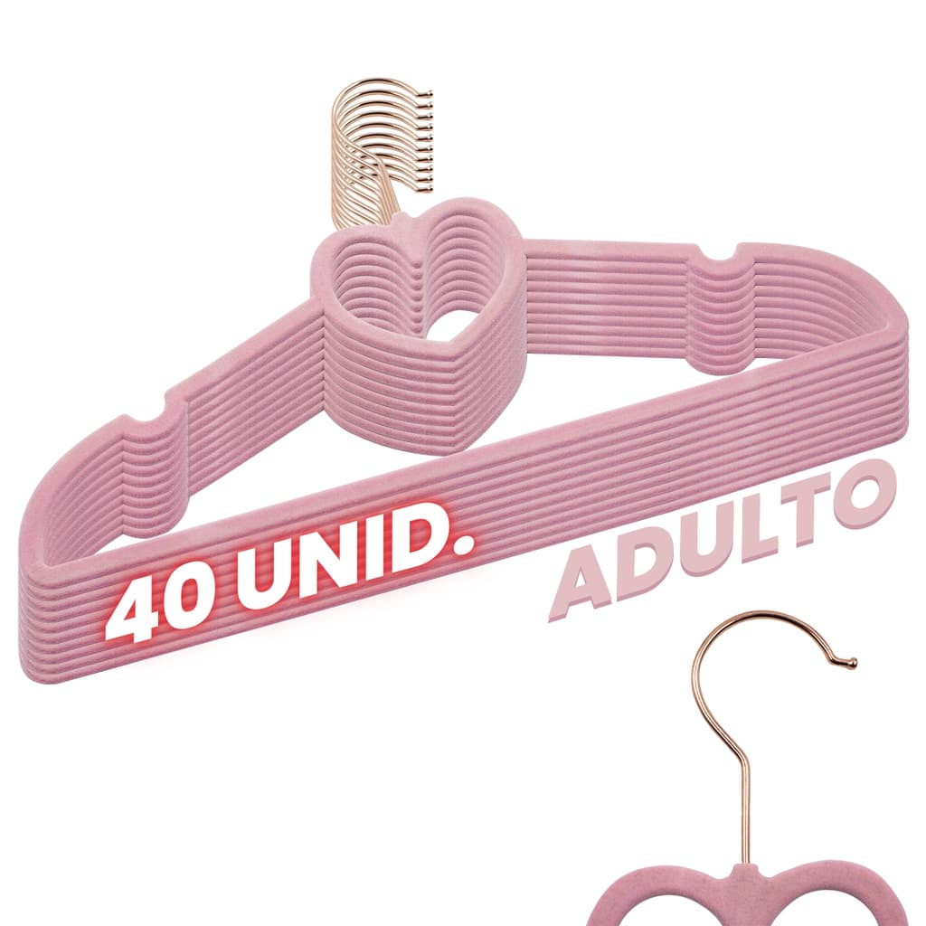 Kit 40 Cabides Veludo Rosa Gancho Rose Slim Formato Coração