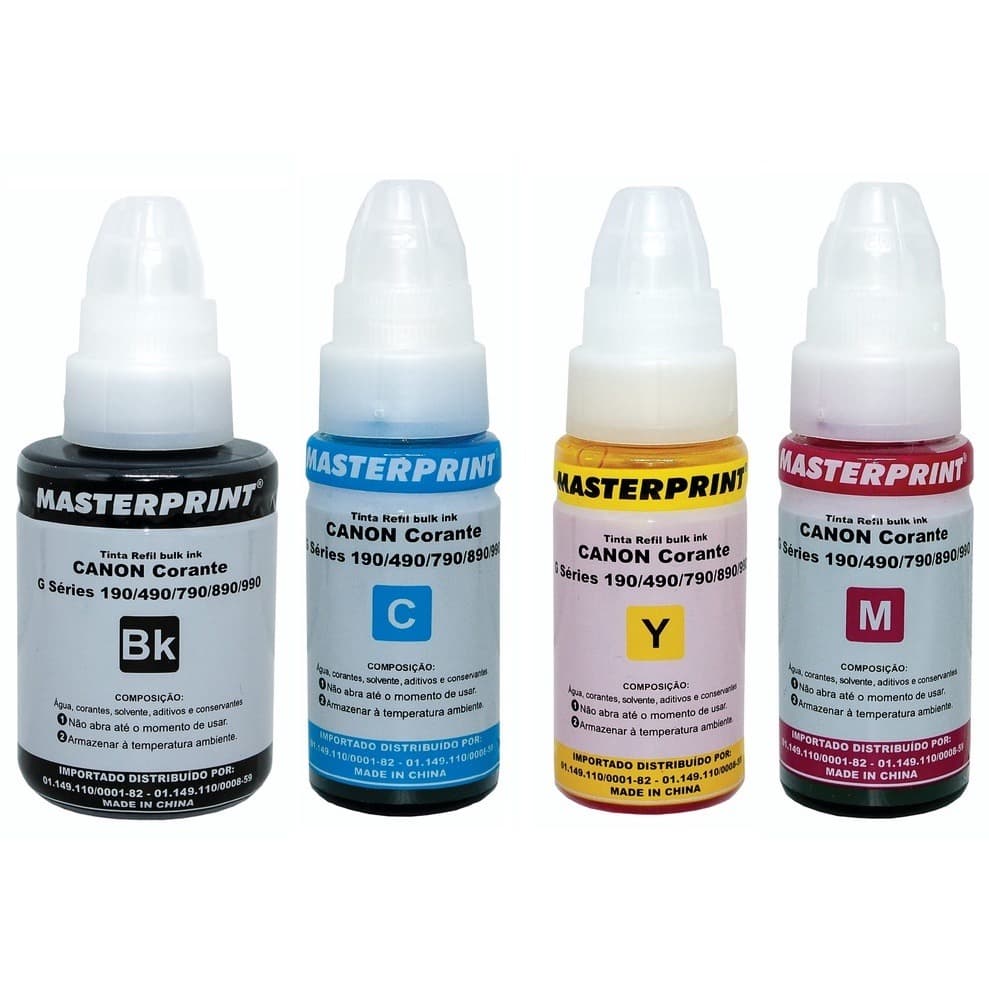 Kit 4x Refil Tinta Compatível GI-190 Preto + Color | G1000 G1100 G2000 G2100 G3000 G3100 G3102