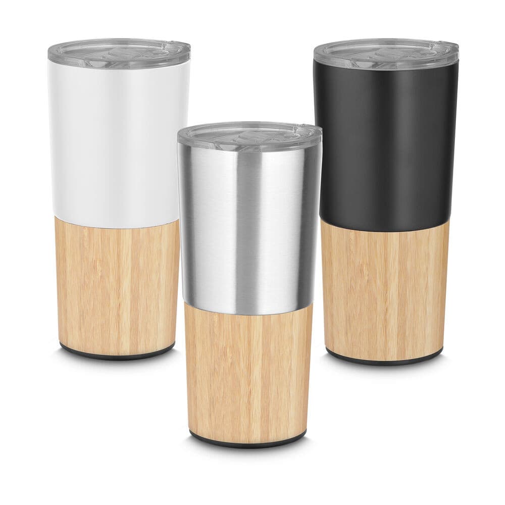 Copo Térmico Bambu 550ml com Tampa Antivazamento em Aço Inox Parede Dupla – Branco, Preto e Prata