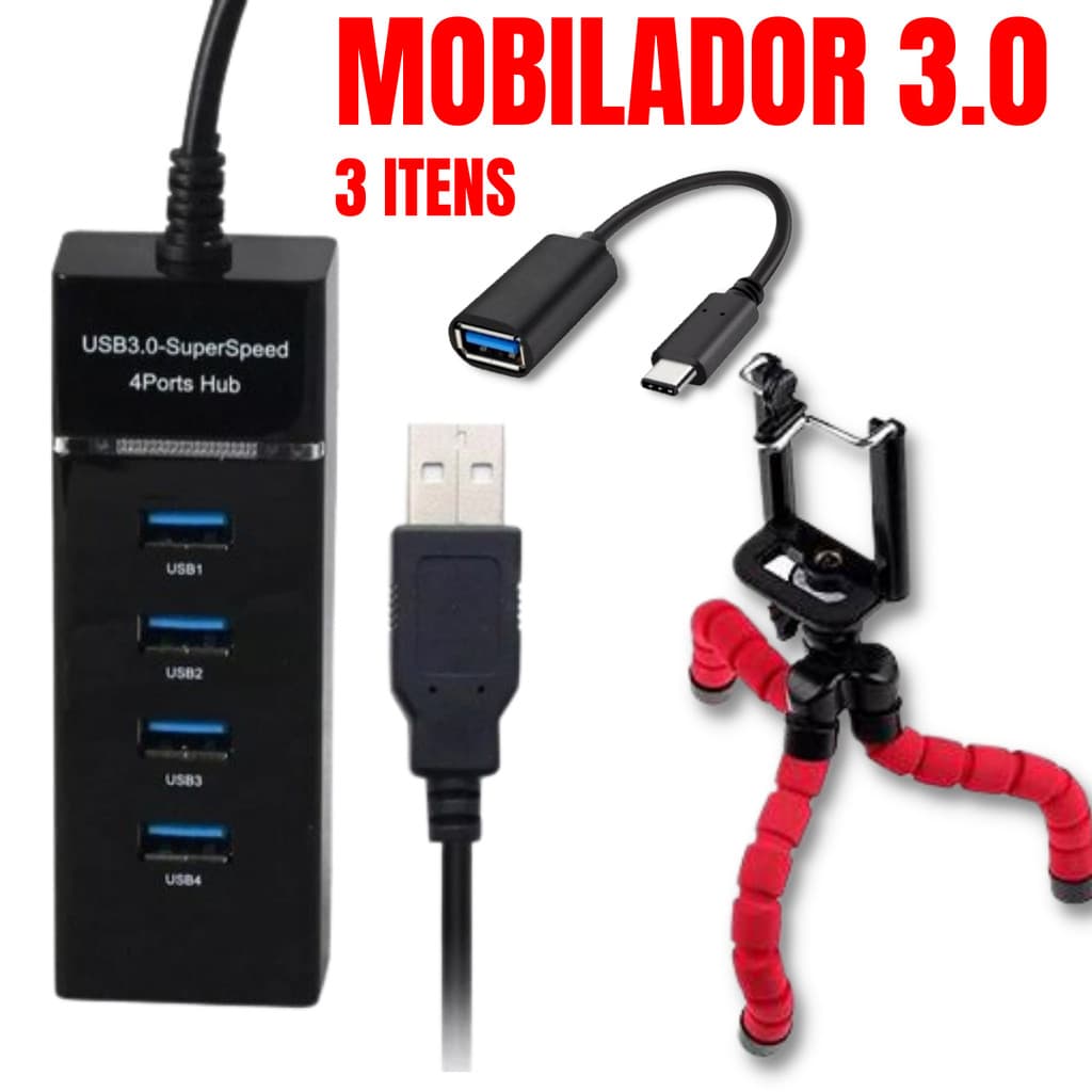Emulador Hub Usb  3.0 4 Portas +  Cabo Otg Usb Tipo C Ou Micro Usb + Mini Tripe Flexível
