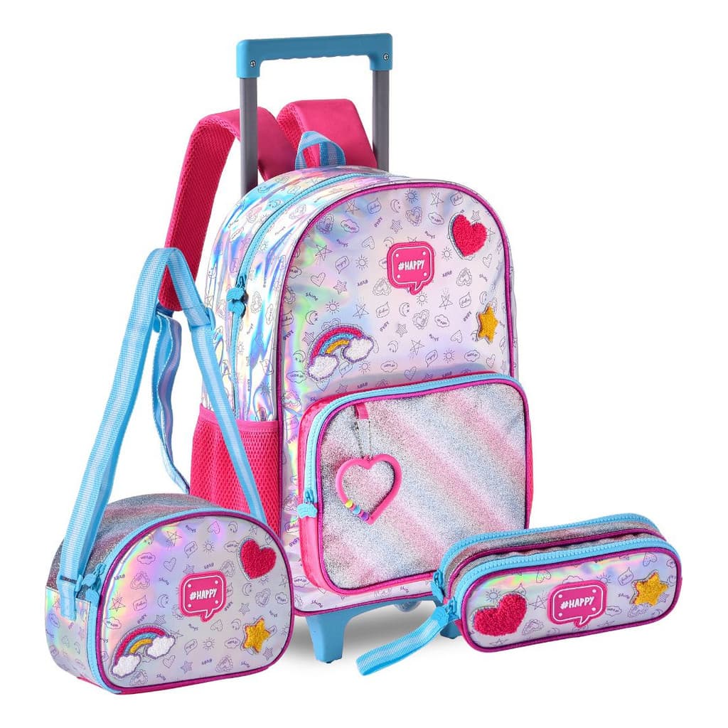 Mochila De Rodinhas Holográfico Happy Lancheira Estojo Cor Azul