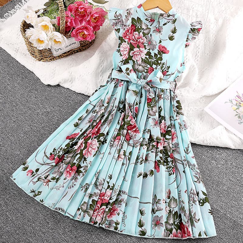 Vestido De Estampa Para Meninas Crianças Flores Gola Redonda Com Cinto Casamento Festa, Comunhão Batismo Estilo Coreano