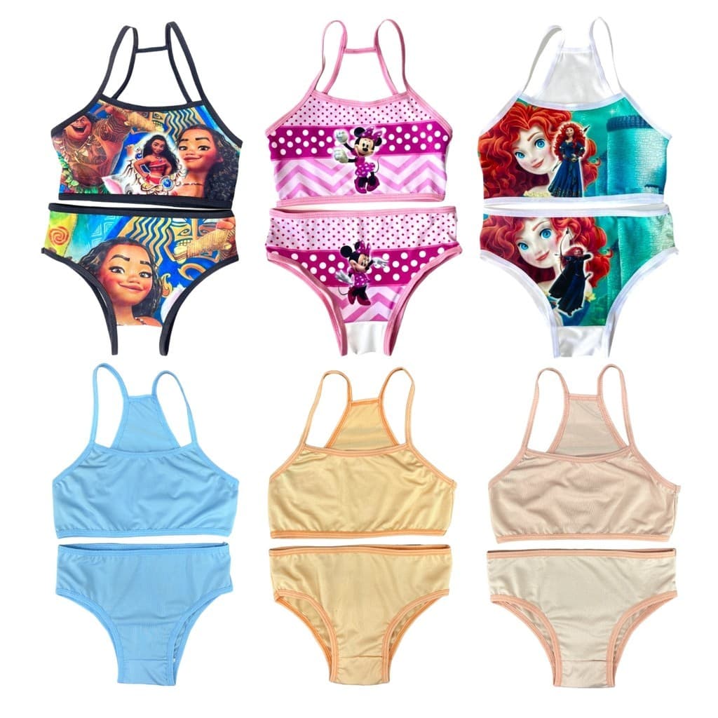 Kit 6 Conjunto Infantil Menina Moça Top e Calcinha Liso e Sublimado Personagens Disney