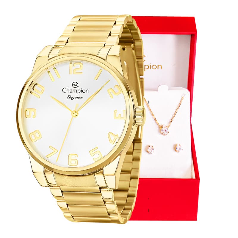 Relógio Champion Feminino Elegance Dourado Original CN27652W + kit brincos e colar dourado