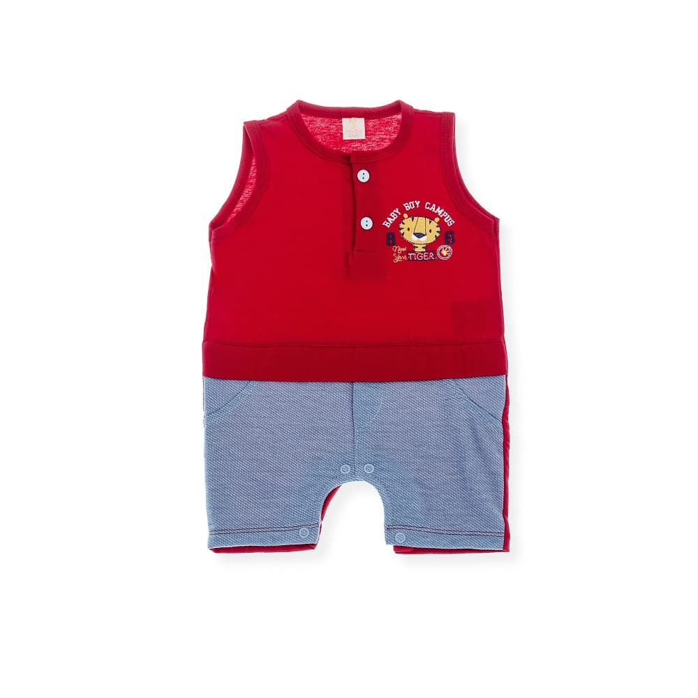 Macacão Banho de Sol Curto Bebê Otolina Tigre Vermelho c/ Jeans