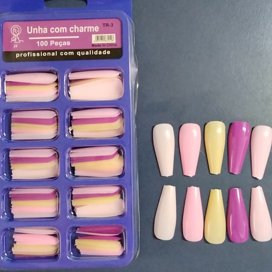 Kit 100 Unhas Tips postiça Bailarina Natural Colorida/Transparente