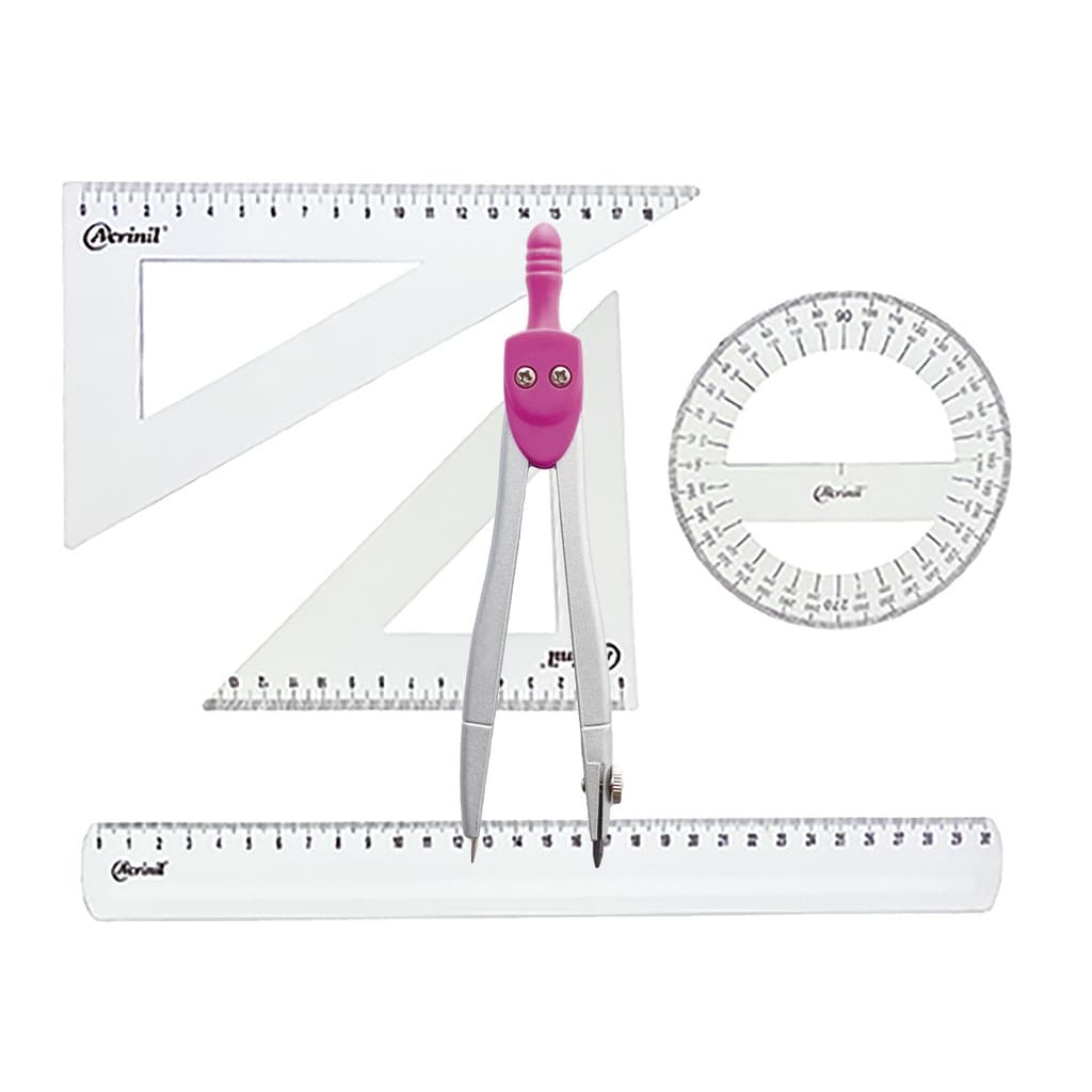 Kit Geométrico Régua Transferidor Esquadros Compasso Rosa